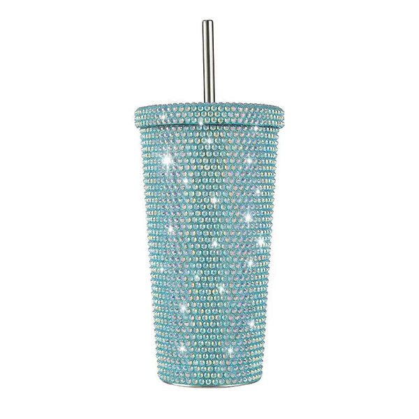 Elosung Blue Diamond Inlaid Insulated 304 Stainless Steel Cup With Straw Double Walled Rhinestone Coffee Mug Gift For Beverages Vacuum Flasks & Mugs