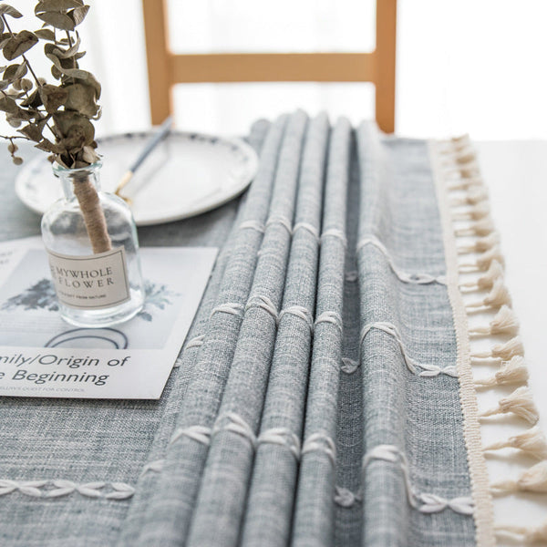Elosung 140Cm X 90Cm Grey Striped Cotton Linen Embroidered Tassel Tablecloth And American Pastoral Style For Restaurants Table Cloths