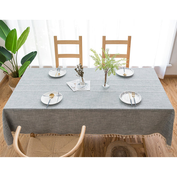 Elosung 140X200cm Grey Striped Cotton Linen Embroidered Tassel Tablecloth & American Pastoral Style For Restaurants Table Cloths
