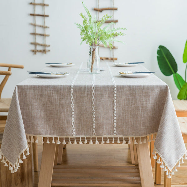 Elosung 140*90Cm Beige Striped Cotton Linen Embroidered Tassel Tablecloth European & American Pastoral Style For Restaurants Table Cloths