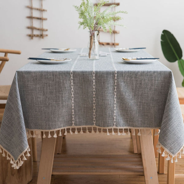 Elosung 160*100Cm Beige Striped Cotton Linen Embroidered Tassel Tablecloth & American Pastoral Style For Restaurants Table Cloths