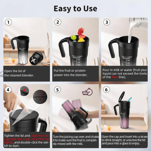 Elosung Black Portable Juicer Cup With Straw Usb Rechargeable 6 Blade Blender Multi Function Maker For Travel And Outdoor Use Juicers