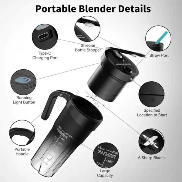 Elosung Black Portable Juicer Cup With Straw Usb Rechargeable 6 Blade Blender Multi Function Maker For Travel And Outdoor Use Juicers