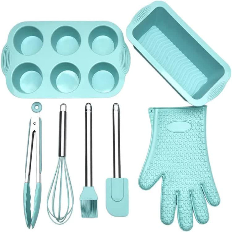 Elosung Green 7 Piece Silicone Bakeware Set With Whisk Spatula Brush Gloves And Cake Molds For Home Baking Bakeware Sets