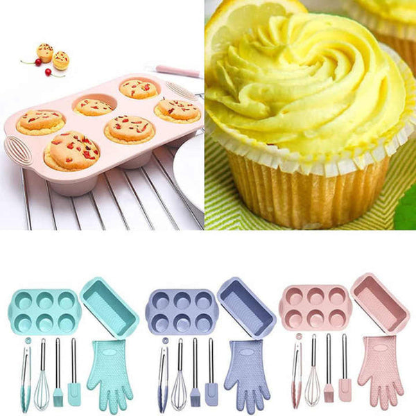 Elosung Green 7 Piece Silicone Bakeware Set With Whisk Spatula Brush Gloves And Cake Molds For Home Baking Bakeware Sets