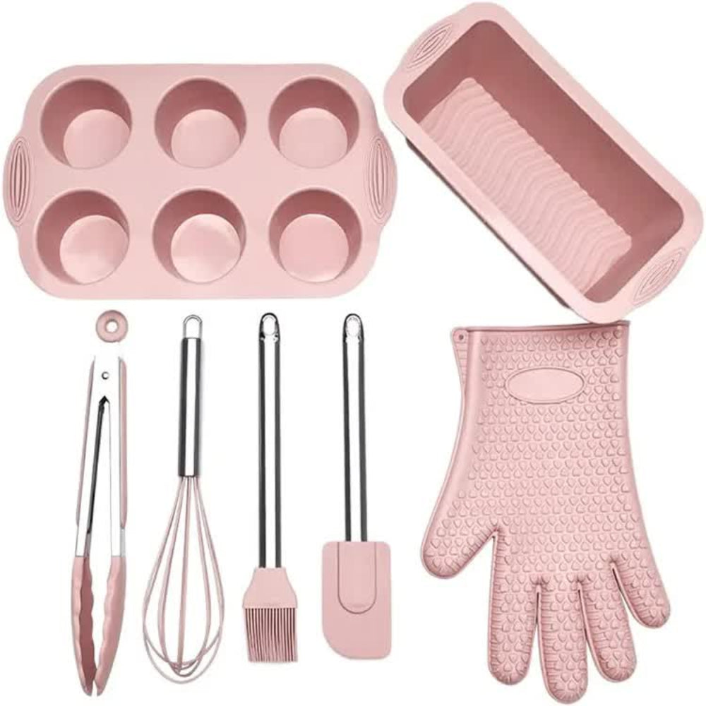 Elosung Pink 7 Piece Silicone Bakeware Set With Whisk Spatula Brush Gloves And Cake Molds For Home Baking Bakeware Sets