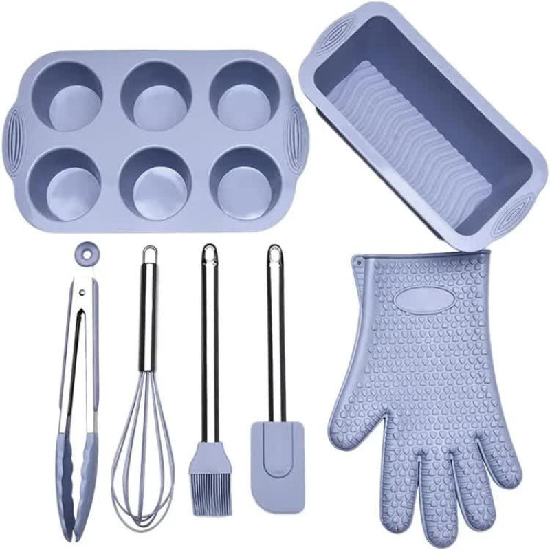 Elosung Grey 7 Piece Silicone Bakeware Set With Whisk Spatula Brush Gloves And Cake Molds For Home Baking Bakeware Sets