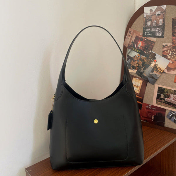 Elosung Black Oil Wax Leather Style Casual Shoulder Bag Versatile Handbag And Crossbody Tote For Women Women's Bags & Handbags