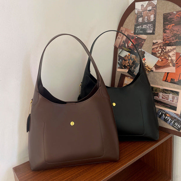 Elosung Black Oil Wax Leather Style Casual Shoulder Bag Versatile Handbag And Crossbody Tote For Women Women's Bags & Handbags