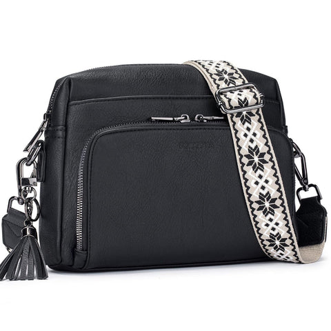 Elosung Black Multi Zip Crossbody Bag With Card Slots And Strap Minimalist Solid Color Shoulder Women's Bags & Handbags