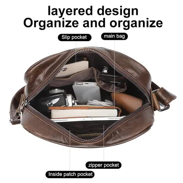 Elosung Dark Brown Men's Genuine Leather Casual Shoulder Bag Minimalist Crossbody For Everyday Use Bags