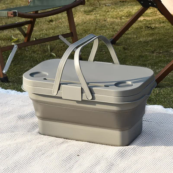 Elosung Grey Foldable Outdoor Picnic Basket With Lid And Tabletop Camping Storage Box Car Friendly Organizer Picnic Baskets & Backpacks