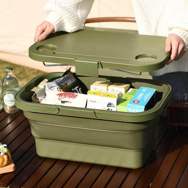 Elosung Army Green Foldable Outdoor Picnic Basket With Lid And Tabletop Camping Storage Box Car Friendly Organizer Laundry Baskets & Hampers