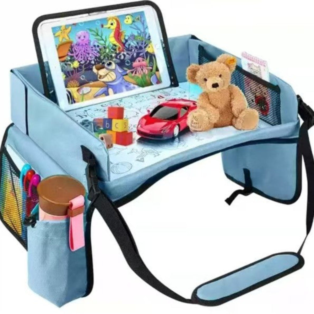 Elosung Blue Kids Travel Tray With Storage Car Seat Organizer For Toys And Snacks Car Organisers