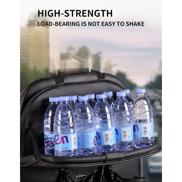 Elosung Black Leather Car Backseat Organizer With Foldable Tray Table & Trash Bag Multi Functional Storage Solution Car Organisers