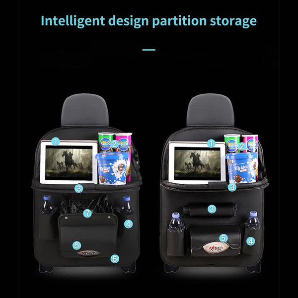 Elosung Black Leather Car Backseat Organizer With Foldable Tray Table & Trash Bag Multi Functional Storage Solution Car Organisers