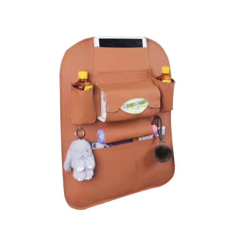 Elosung Chocolate Leather Car Backseat Organizer With Foldable Tray Table & Trash Bag Multi Functional Storage Solution Car Organisers