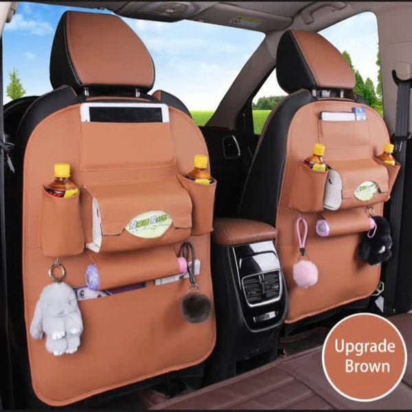 Elosung Chocolate Leather Car Backseat Organizer With Foldable Tray Table & Trash Bag Multi Functional Storage Solution Car Organisers