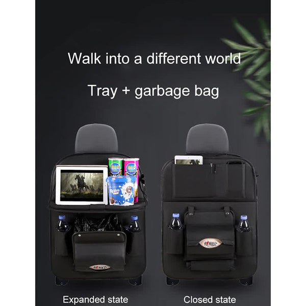 Elosung Chocolate Leather Car Backseat Organizer With Foldable Tray Table & Trash Bag Multi Functional Storage Solution Car Organisers
