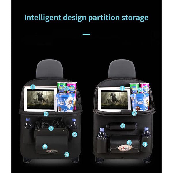 Elosung Chocolate Leather Car Backseat Organizer With Foldable Tray Table & Trash Bag Multi Functional Storage Solution Car Organisers