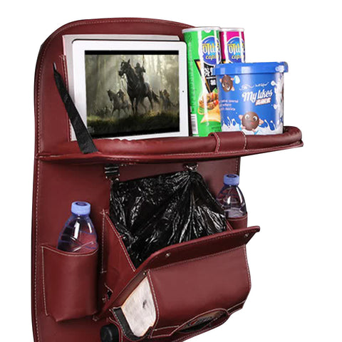 Elosung Rose Madder Leather Car Backseat Organizer With Foldable Tray Table & Trash Bag Multi Functional Storage Solution Car Organisers