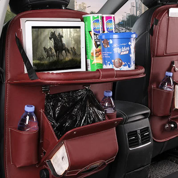 Elosung Rose Madder Leather Car Backseat Organizer With Foldable Tray Table & Trash Bag Multi Functional Storage Solution Car Organisers