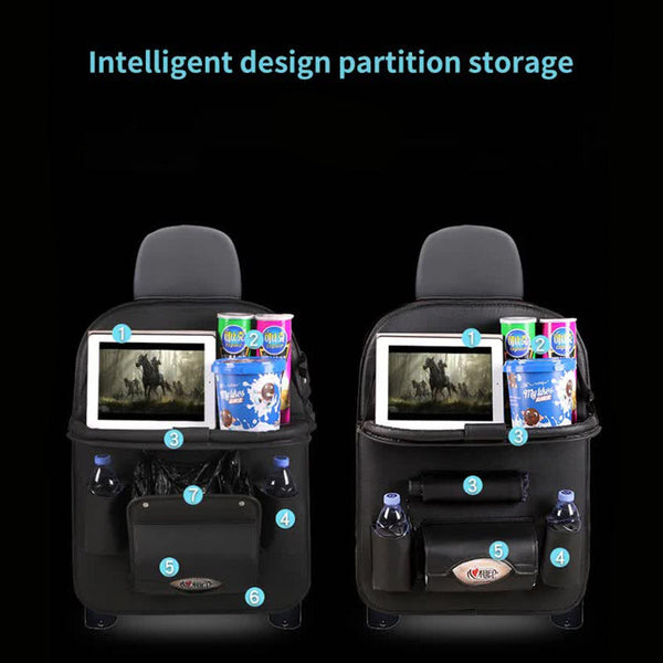 Elosung Rose Madder Leather Car Backseat Organizer With Foldable Tray Table & Trash Bag Multi Functional Storage Solution Car Organisers