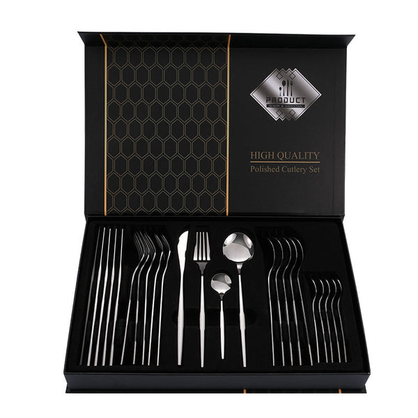 Elosung Silver Color Premium 24 Piece Stainless Steel Cutlery Set Elegant Golden Steak Knife Fork And Spoon In Luxury Gift Box Cutlery Sets