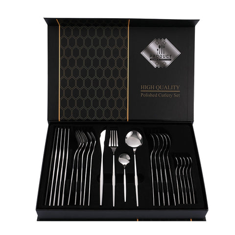 Elosung Silver Color Premium 24 Piece Stainless Steel Cutlery Set Elegant Golden Steak Knife Fork And Spoon In Luxury Gift Box Cutlery Sets