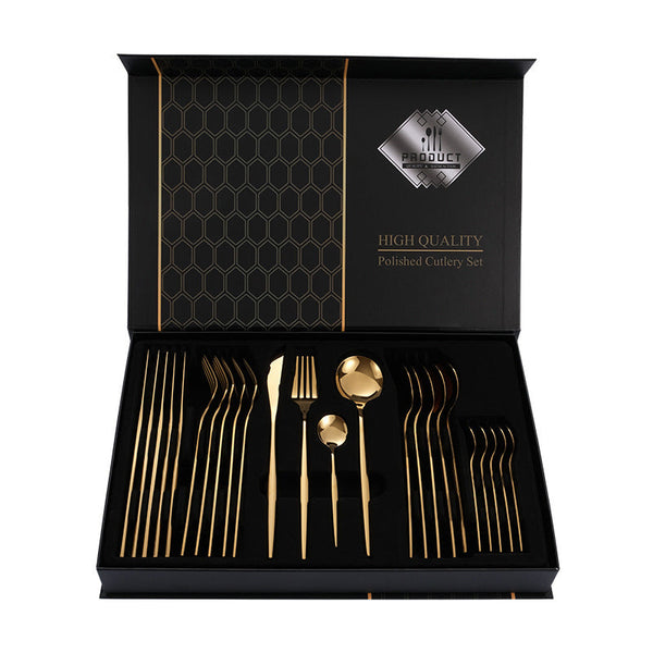 Elosung Gold Colour Premium 24 Piece Stainless Steel Cutlery Set Elegant Golden Steak Knife Fork And Spoon In Luxury Gift Box Cutlery Sets