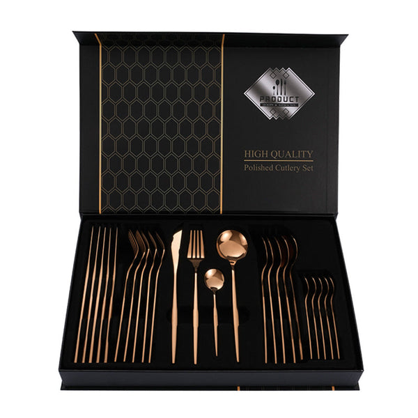 Elosung Rose Gold Color Premium 24 Piece Stainless Steel Cutlery Set Elegant Golden Steak Knife Fork And Spoon In Luxury Gift Box Cutlery Sets