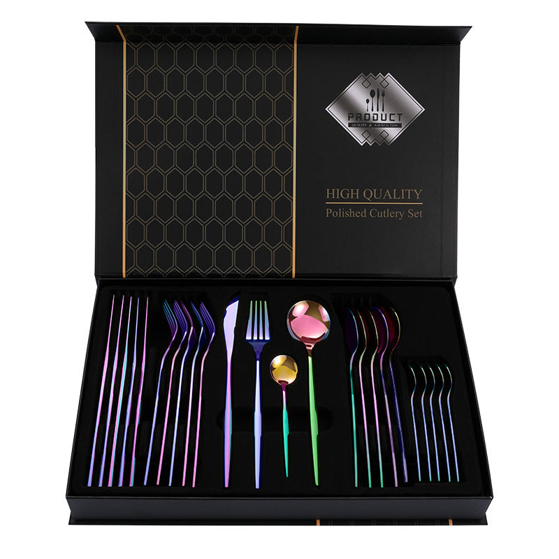 Elosung Colorful Premium 24 Piece Stainless Steel Cutlery Set Elegant Golden Steak Knife Fork And Spoon In Luxury Gift Box Cutlery Sets
