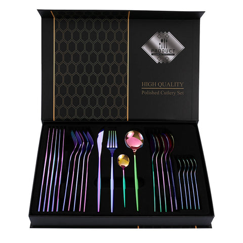 Elosung Colorful Premium 24 Piece Stainless Steel Cutlery Set Elegant Golden Steak Knife Fork And Spoon In Luxury Gift Box Cutlery Sets