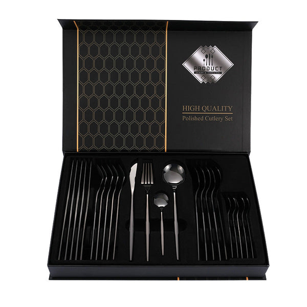 Elosung Black Color Premium 24 Piece Stainless Steel Cutlery Set Elegant Golden Steak Knife Fork And Spoon In Luxury Gift Box Cutlery Sets