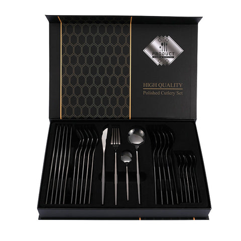 Elosung Black Color Premium 24 Piece Stainless Steel Cutlery Set Elegant Golden Steak Knife Fork And Spoon In Luxury Gift Box Cutlery Sets