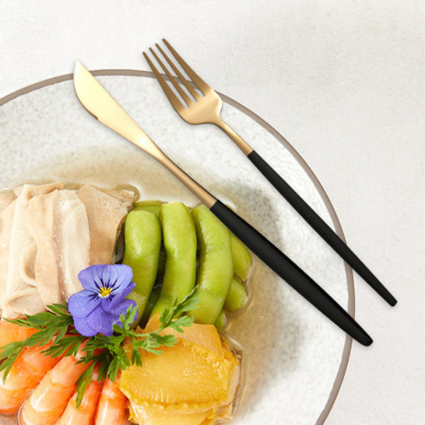 Elosung Black Color Premium 24 Piece Stainless Steel Cutlery Set Elegant Golden Steak Knife Fork And Spoon In Luxury Gift Box Cutlery Sets