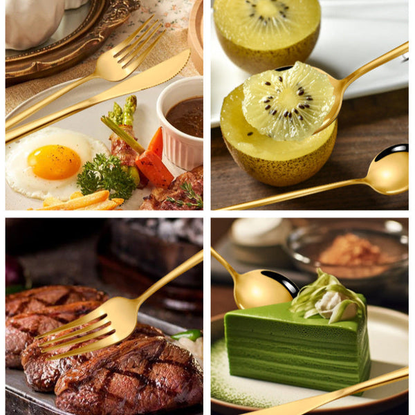 Elosung Black Color Premium 24 Piece Stainless Steel Cutlery Set Elegant Golden Steak Knife Fork And Spoon In Luxury Gift Box Cutlery Sets