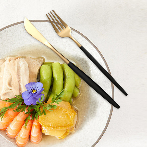 Elosung Black Gold Color Premium 24 Piece Stainless Steel Cutlery Set Elegant Golden Steak Knife Fork And Spoon In Luxury Gift Box Cutlery Sets