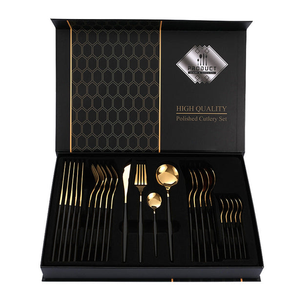 Elosung Red Gold Color Premium 24 Piece Stainless Steel Cutlery Set Elegant Golden Steak Knife Fork And Spoon In Luxury Gift Box Cutlery Sets