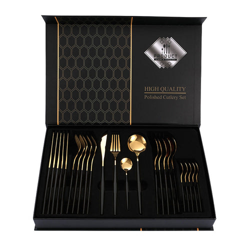Elosung Red Gold Color Premium 24 Piece Stainless Steel Cutlery Set Elegant Golden Steak Knife Fork And Spoon In Luxury Gift Box Cutlery Sets