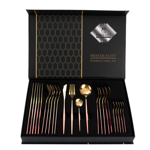 Elosung Pink Gold Color Premium 24 Piece Stainless Steel Cutlery Set Elegant Golden Steak Knife Fork And Spoon In Luxury Gift Box Cutlery Sets