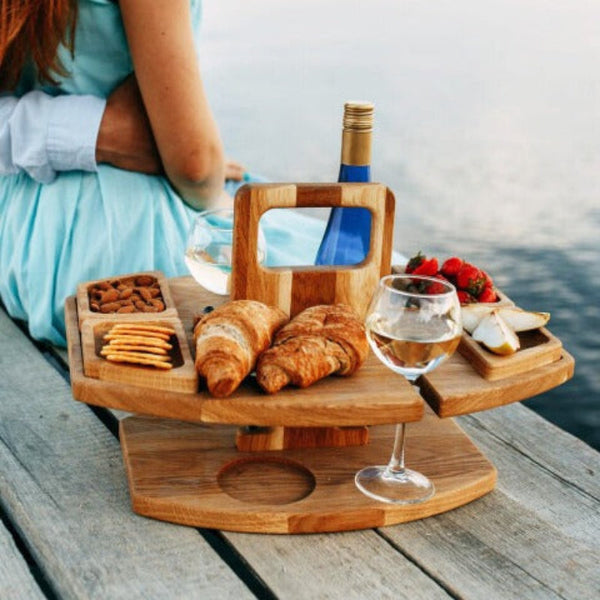 Elosung Sycamore Log Color Portable Picnic Table Wine Glass And Snack Holder Tray Picnic Accessories