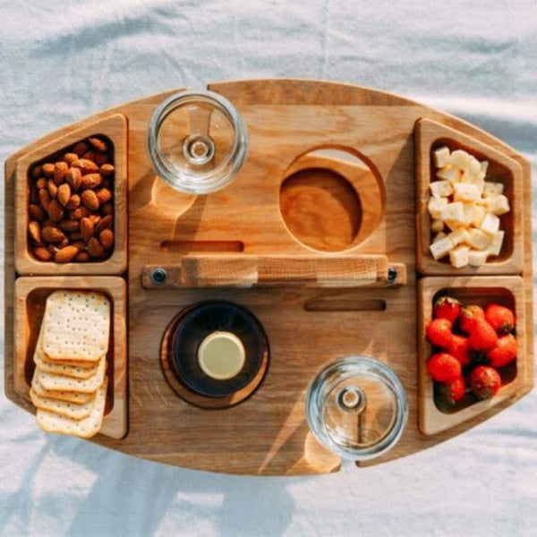 Elosung Sycamore Log Color Portable Picnic Table Wine Glass And Snack Holder Tray Picnic Accessories