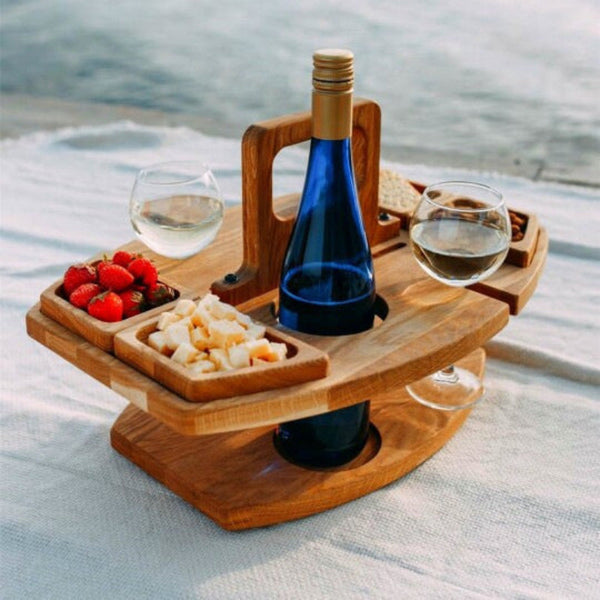 Elosung Pine Log Color Portable Picnic Table Wine Glass & Snack Holder Picnic Accessories