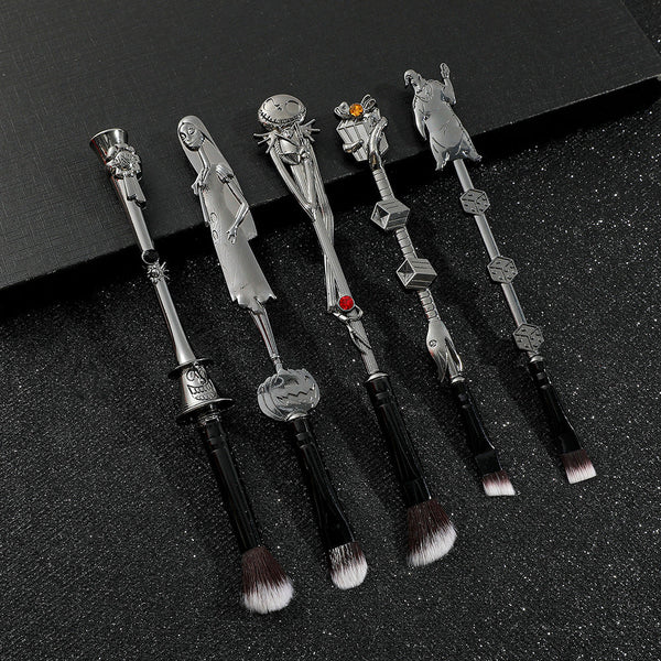 Elosung 5 Piece Gothic Skeleton Jack Makeup Brush Set Halloween Horror Themed Metal Eyeshadow For Creative Festive Gifts Brushes