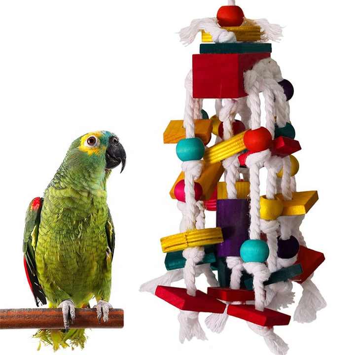 Elosung Colourful Parrot Toy With Wooden Beads Blocks And Cotton Rope Chewing Climbing Fun For Birds Birds Toys