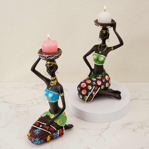 Elosung Blue Resin African Woman Candle Holders Decorative Tabletop Stands For Coffee Bars & Home Candle Holders & Accessories