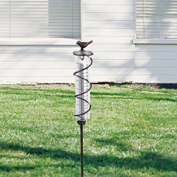 Elosung Decorative Garden Rain Gauge Glass Meter With Metal Stake And Bird Design Lawn Stakes