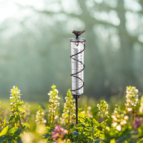 Elosung Decorative Garden Rain Gauge Glass Meter With Metal Stake And Bird Design Lawn Stakes
