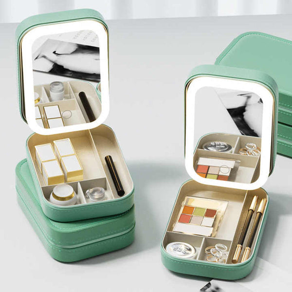 Veile Studios Green Led Jewelry Box With Mirror Smart Light Adjustment And Dual Power Charging For Travel Home Jewellery Boxes